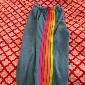Aviator Nation Blue Joggers with Rainbow Stripes